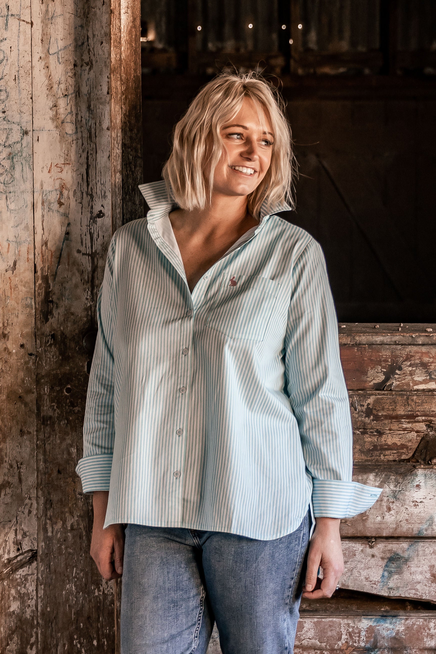 Orbost Womens Relaxed Fit Shirt - Sky Blue and White Stripe