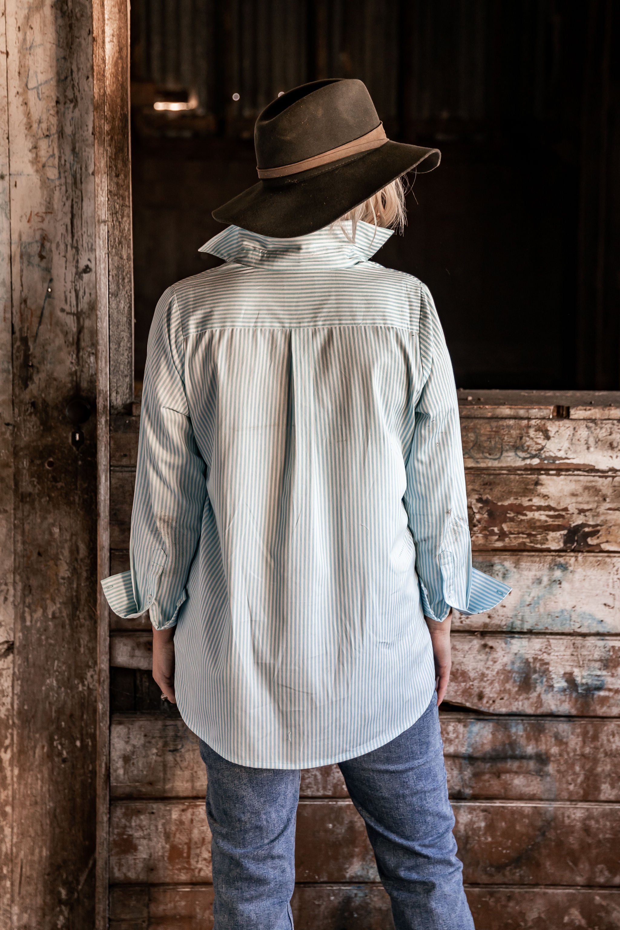 Orbost Womens Relaxed Fit Shirt - Sky Blue and White Stripe