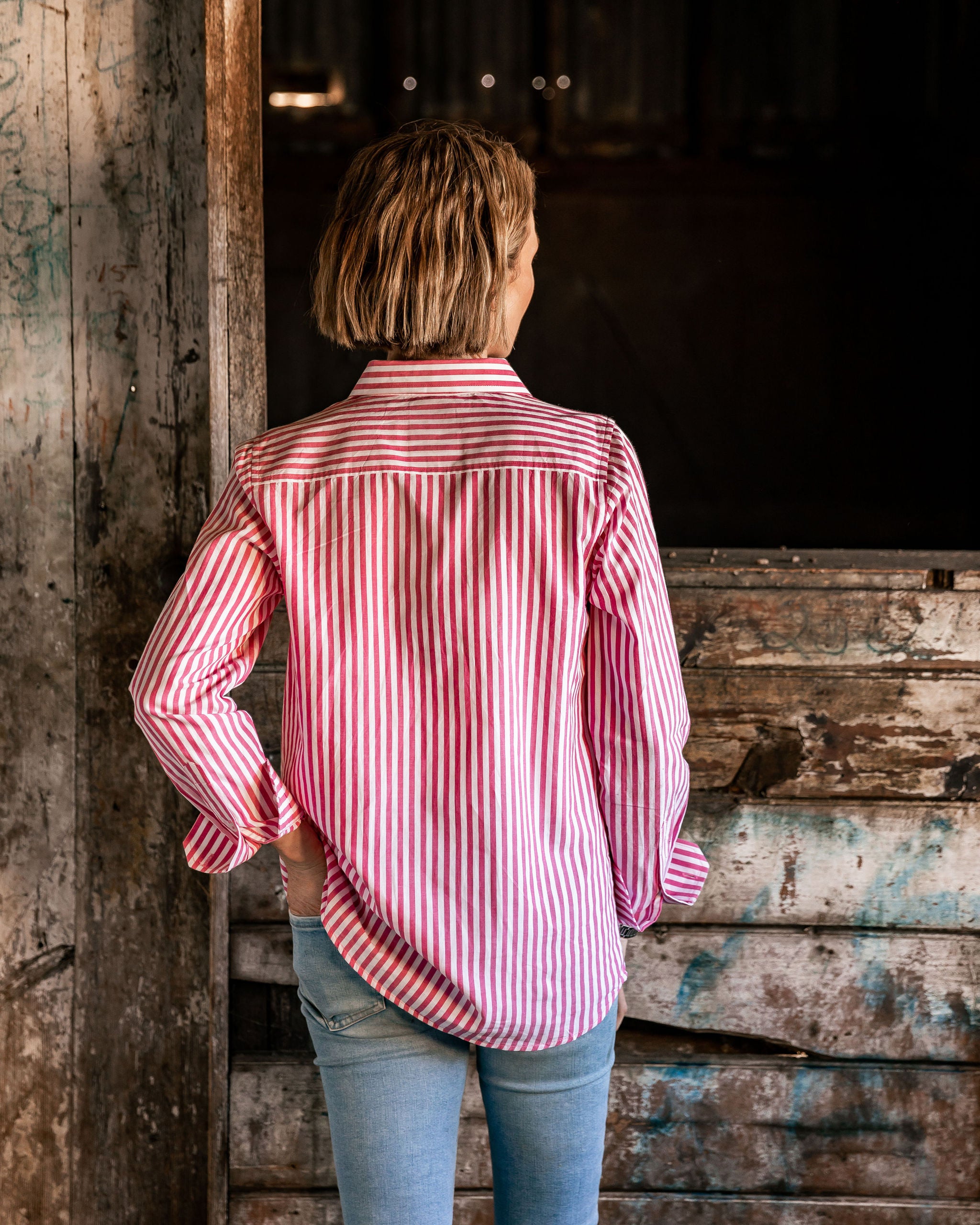 Yass Womens Full Button Shirt - Pink and White Stripe