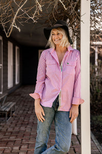 Yass Womens Full Button Shirt - Pink and White Stripe