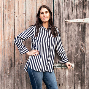 Falmouth Womens Relaxed Fit Shirt - Navy & White Stripe